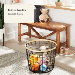 Round Black Wire With Natural Wood Handles Floor Basket - Brightroom™ -Home Storage World GUEST 531efaff 169e 49d9 b5e7 00e6d8495d4f