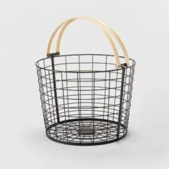 Round Black Wire With Natural Wood Handles Floor Basket - Brightroom™ -Home Storage World GUEST 96a85611 d85f 4469 95c9 38a133b60f86