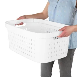 1.5bu Rectangle Modern Laundry Basket - Brightroom™: White Plastic Clothes Basket With Built-In Handles, Medium Size -Home Storage World GUEST d6606117 ec93 434a 98af c3a1505ebe2b